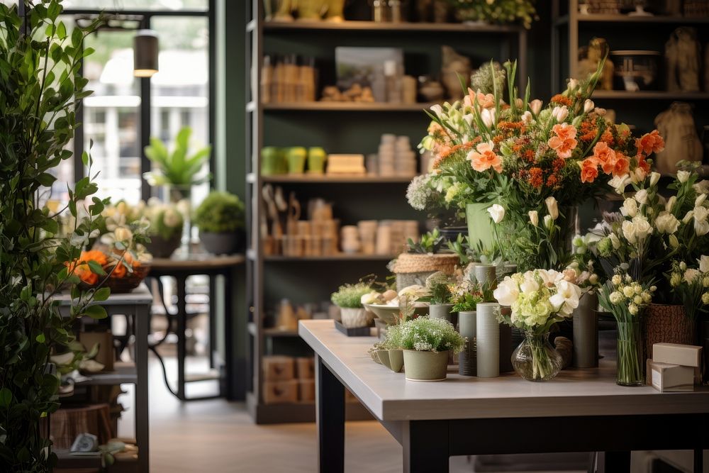 Flower shop table shelf plant. 