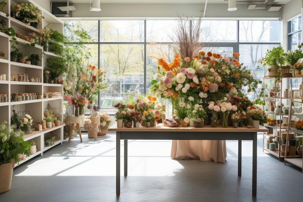 Flower shop window plant table. 