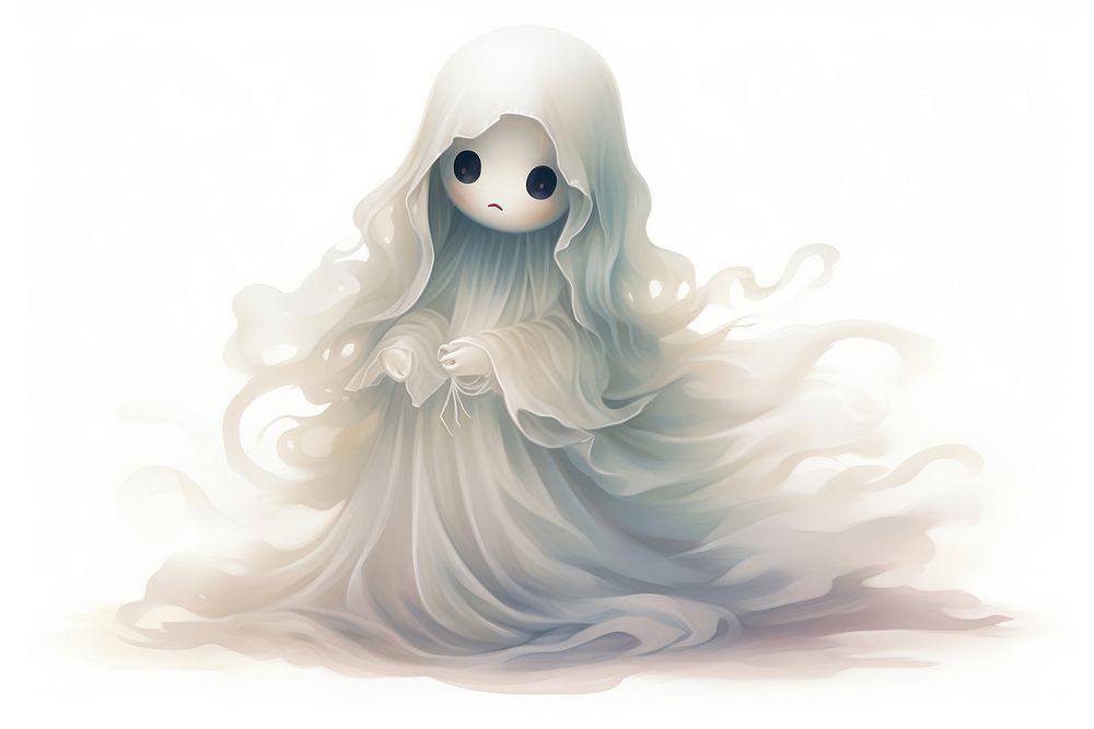Spooky ghost doll drawing white cute. AI generated Image by rawpixel.