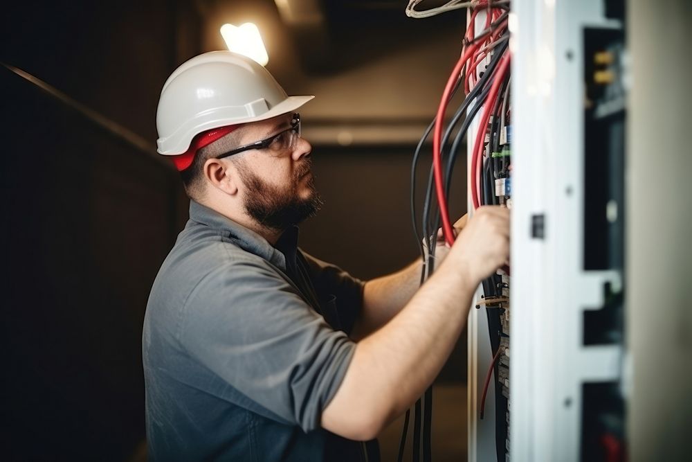 Male electrician works hardhat helmet cable. 