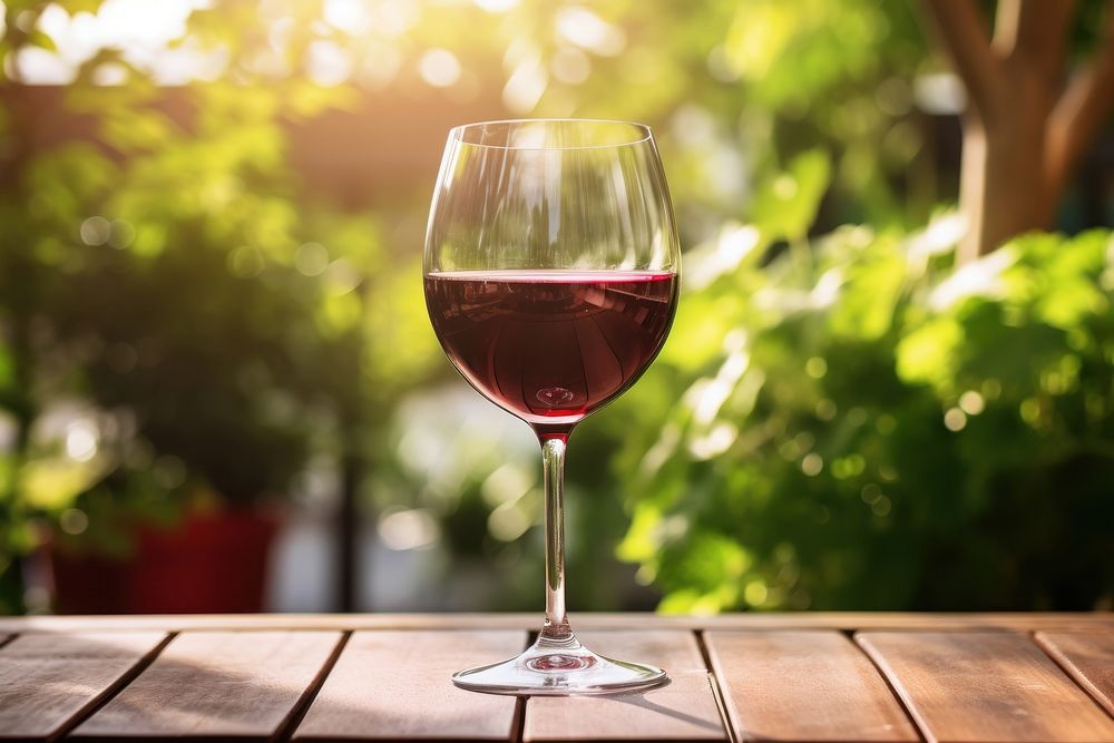 Red wine glass outdoors table. AI generated Image by rawpixel.