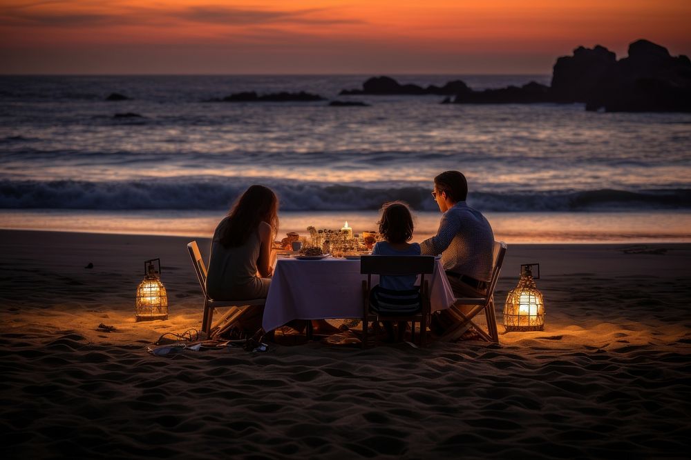 Family dinner beach outdoors vacation. 