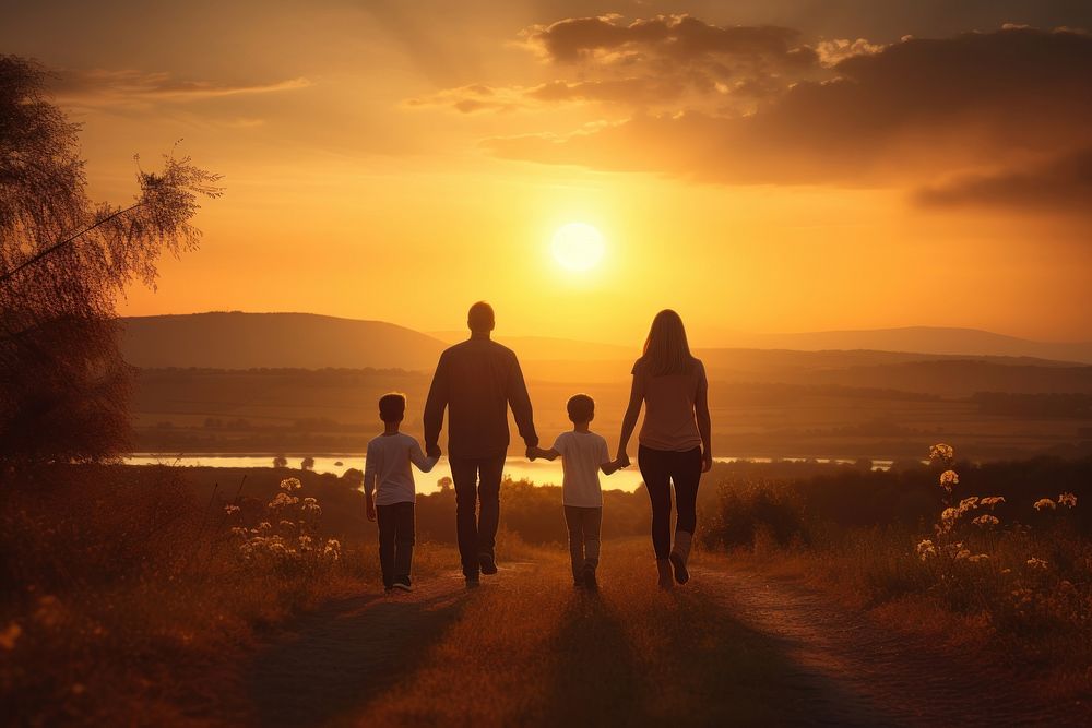 Happy family nature outdoors walking. 