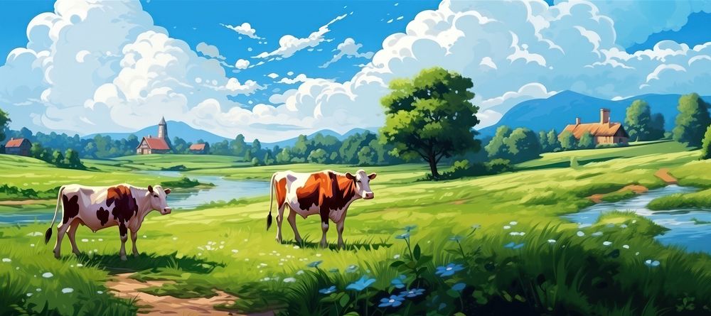 Cow countryside landscape grassland. AI generated Image by rawpixel.