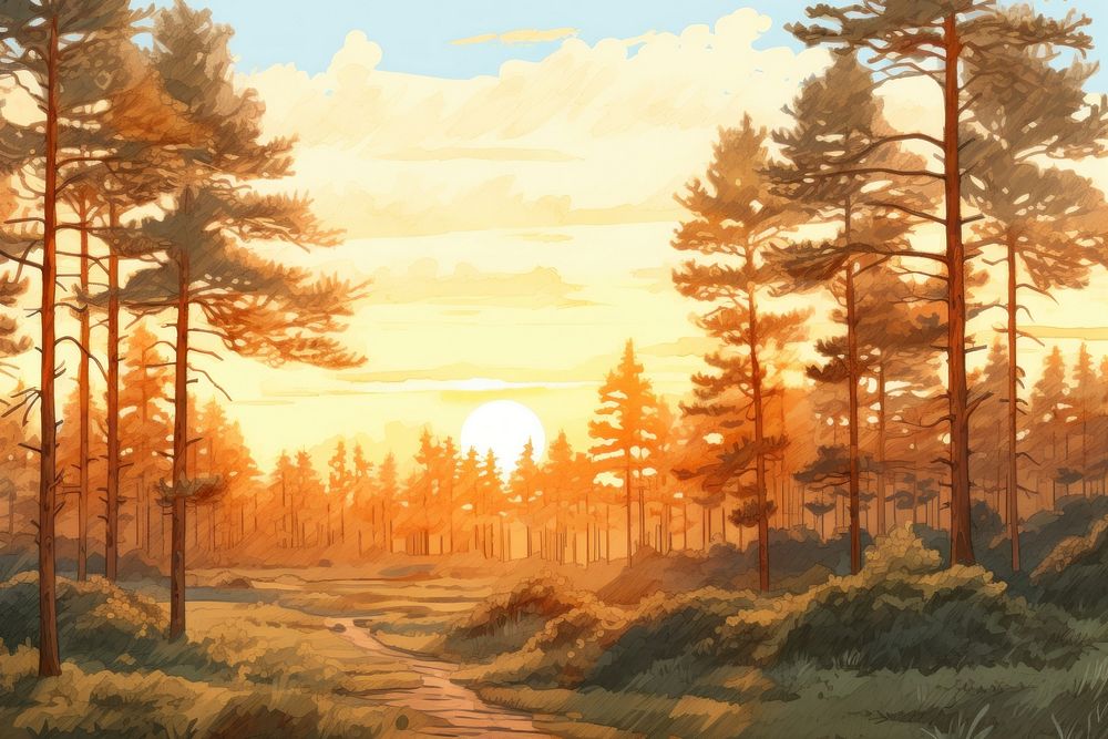 Pine forest land landscape sunlight. AI generated Image by rawpixel.