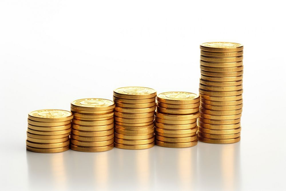 Golden coins stacks gold money white background. 