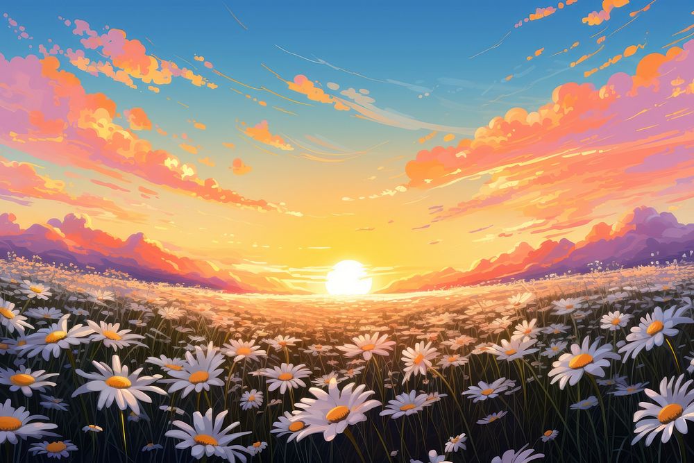 Summer daisy field sunset sky backgrounds landscape. AI generated Image by rawpixel.