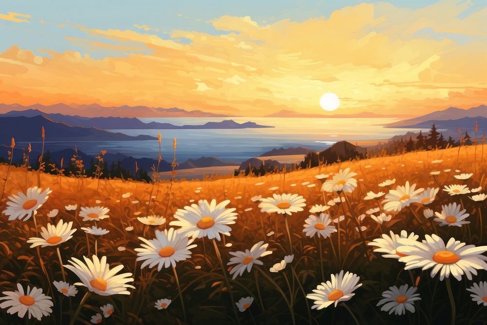 Summer daisy field sunset sky landscape outdoors. AI generated Image by rawpixel.
