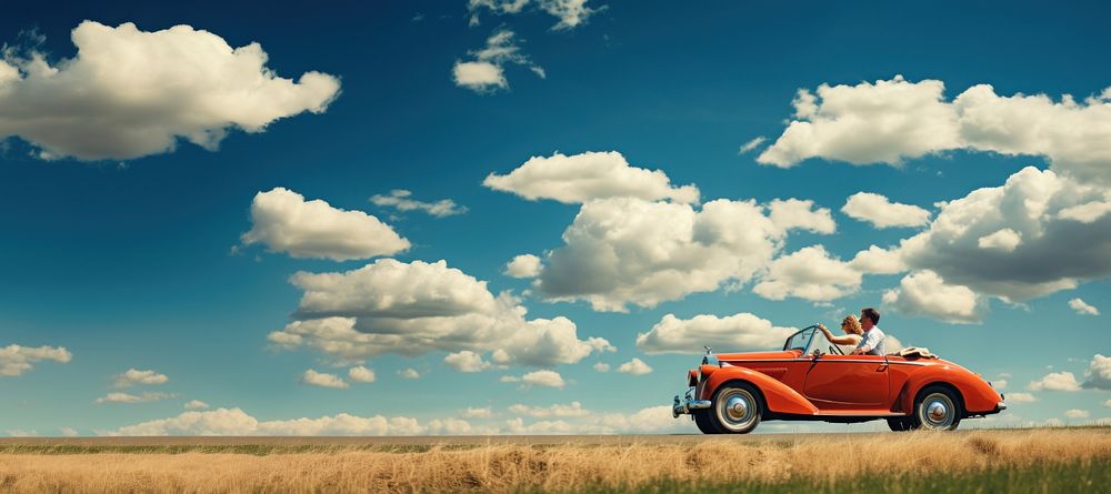 Photo of couple driving in red vintage car on countryside. AI generated Image by rawpixel.