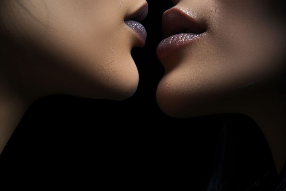 Women kissing, lips close-up. 