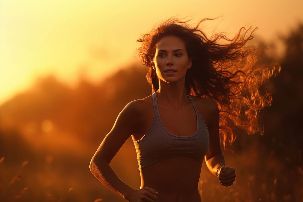 Young woman running against morning sun jogging adult determination. AI generated Image by rawpixel.