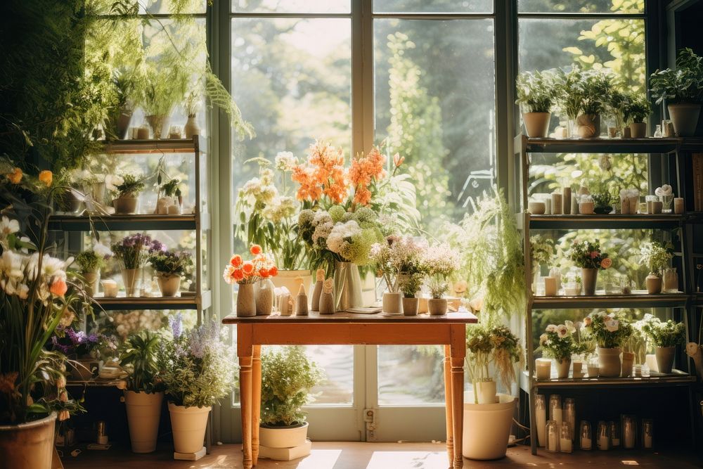 Floral shop flower decoration window. 