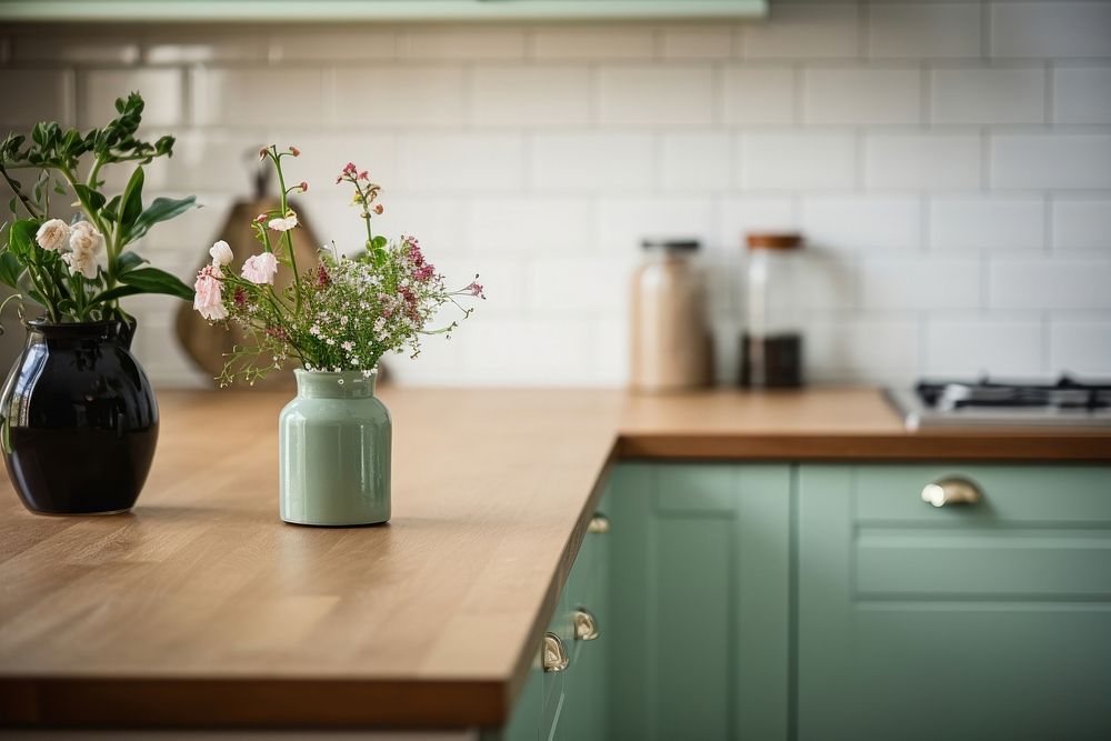 Vintage kitchen furniture countertop flower. 