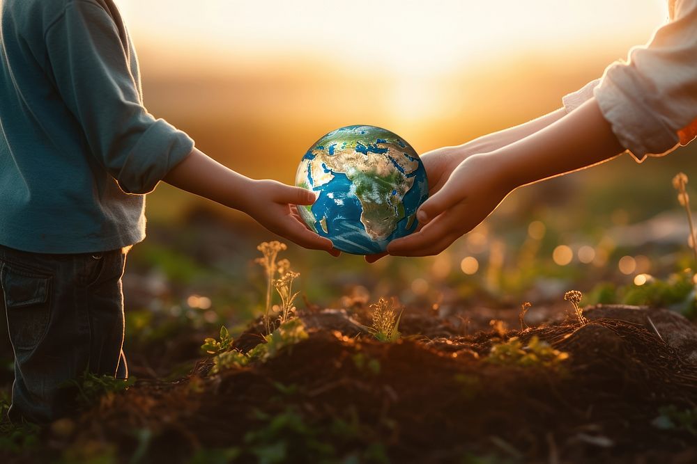 Earth globe holding hand outdoors space adult. AI generated Image by rawpixel.
