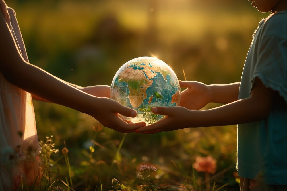 Earth globe holding hand outdoors planet space. 