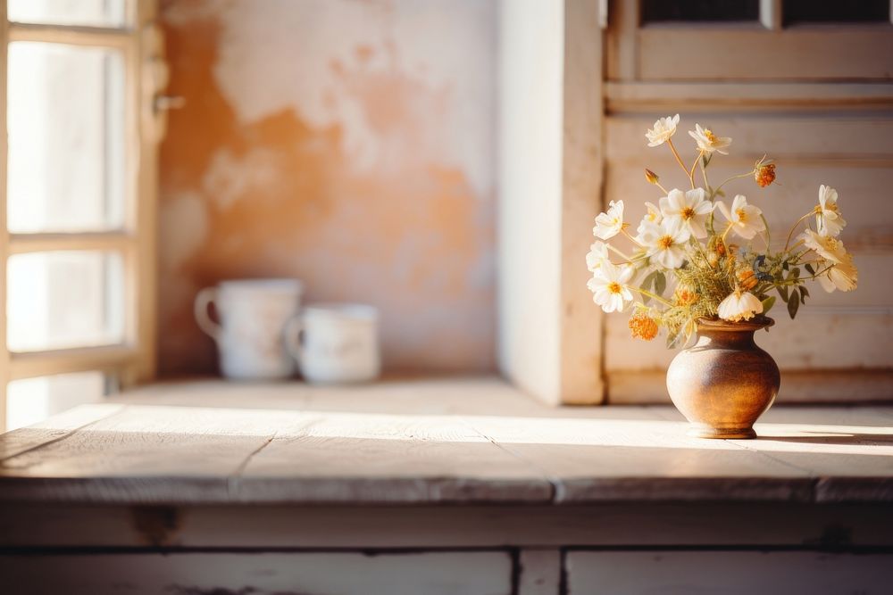 Vintage kitchen windowsill furniture flower. 