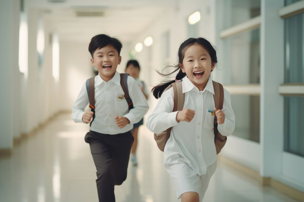 Pupils running corridor school child. AI generated Image by rawpixel.