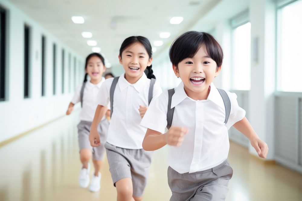 Pupils running corridor student school. 