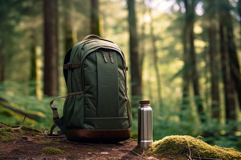 Backpack backpack forest bottle. AI generated Image by rawpixel.