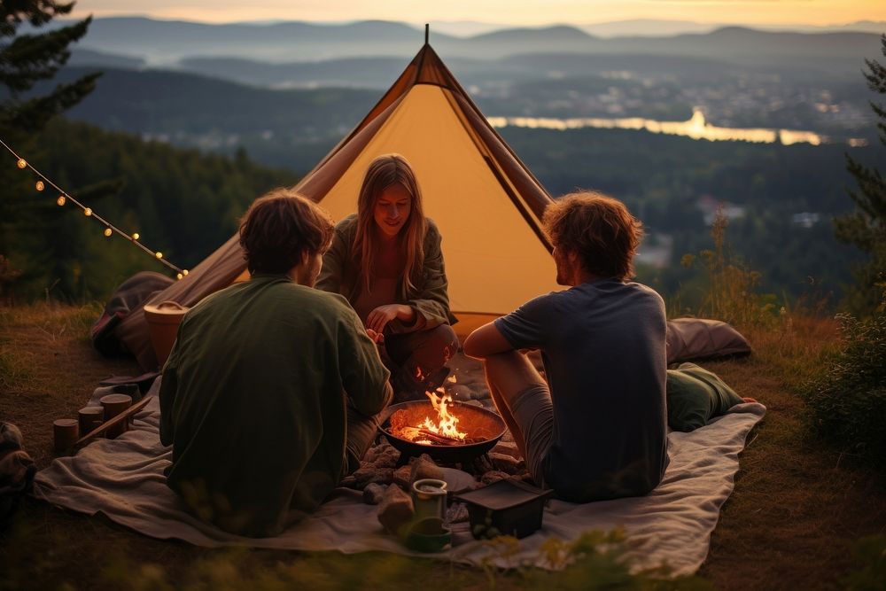 Outdoor family eating outdoors camping. 