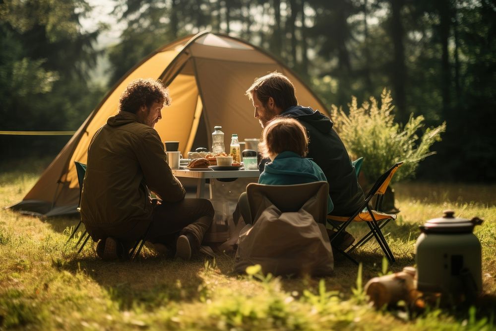 Outdoor family eating outdoors camping. 