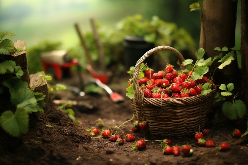 Strawberries strawberry harvesting gardening. AI generated Image by rawpixel.