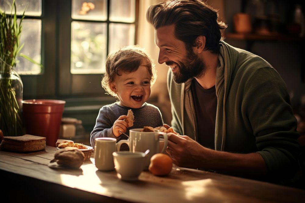 Baby feeding father coffee. AI generated Image by rawpixel.