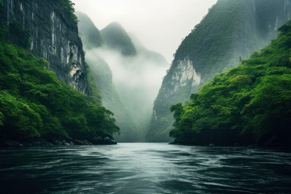 River waterfall green landscape. 