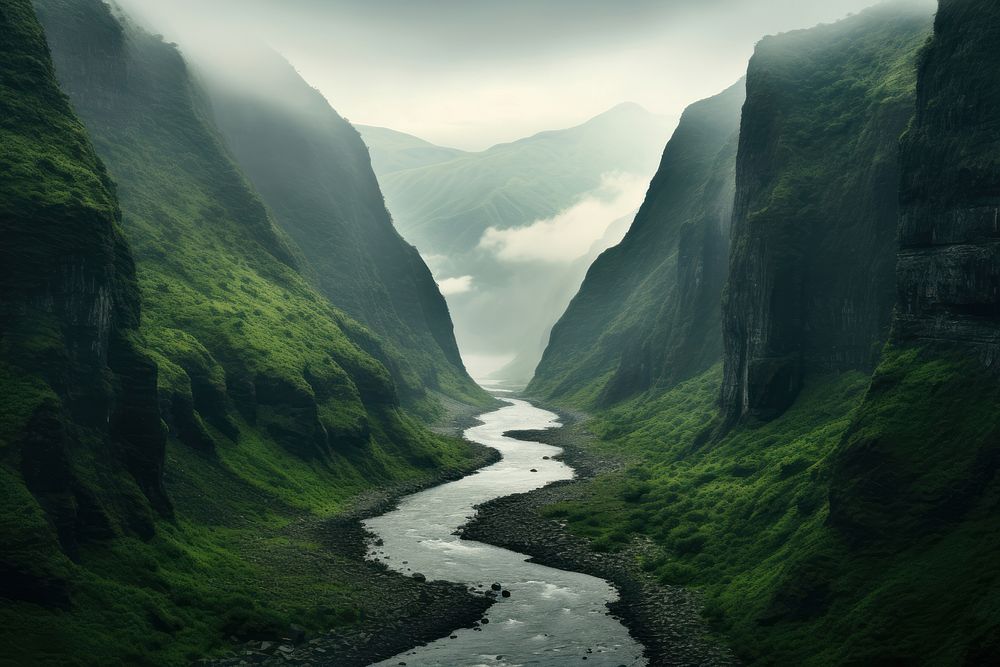 River mountain landscape waterfall. AI generated Image by rawpixel.