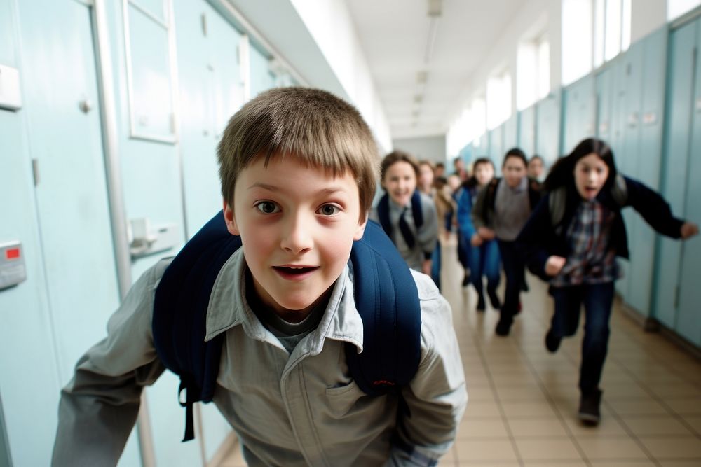 Pupils running corridor school adult. AI generated Image by rawpixel.