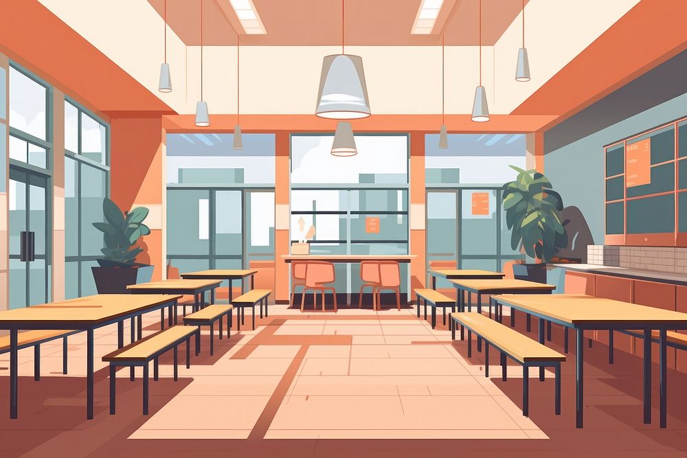 School cafeteria architecture restaurant furniture. AI generated Image by rawpixel.