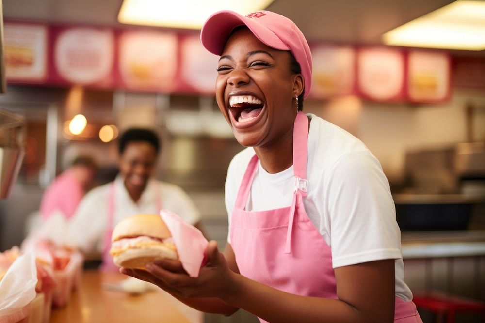 A black woman fast food employee laughing holding adult. AI generated Image by rawpixel.