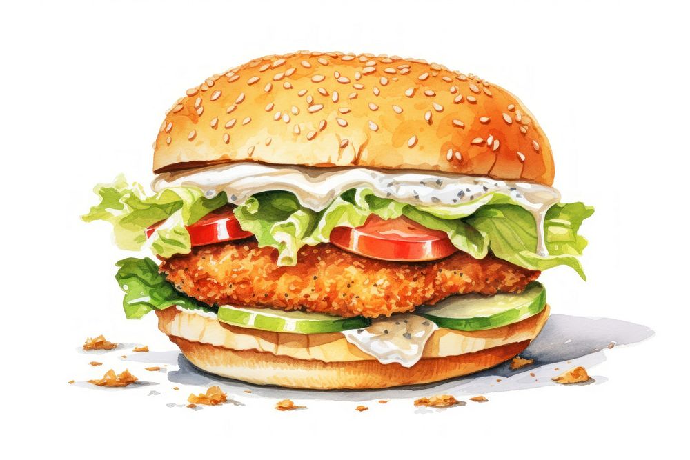 Fried fish burger food hamburger vegetable. 