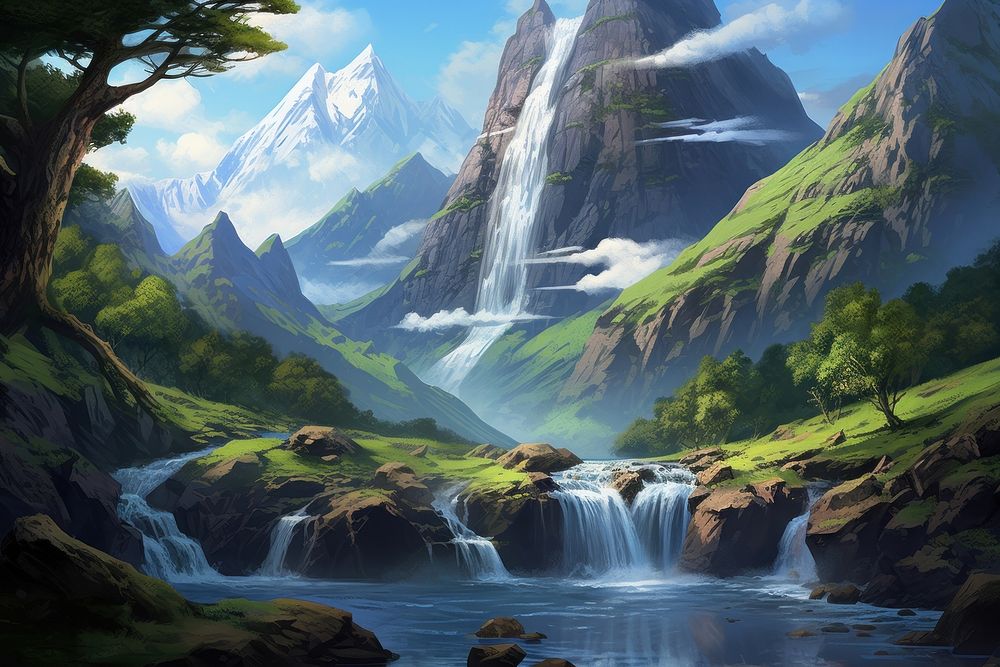 Mountain waterfall wilderness landscape outdoors. AI generated Image by rawpixel.