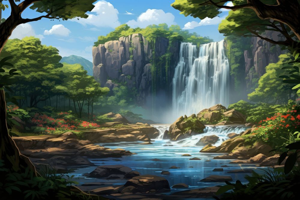 Nature waterfall landscape outdoors forest. AI generated Image by rawpixel.