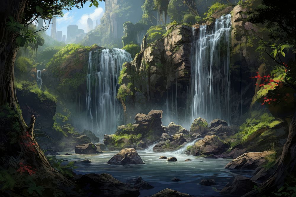 Lush waterfall landscape outdoors forest. AI generated Image by rawpixel.