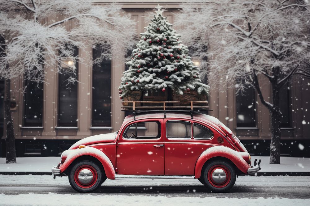 Red vintage beetle car carry christmas tree vehicle wheel plant. AI generated Image by rawpixel.