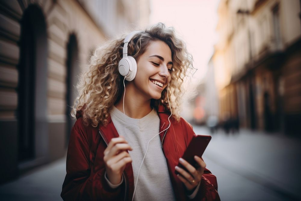 Woman holding mobile phone enjoying music headphones listening adult. AI generated Image by rawpixel.