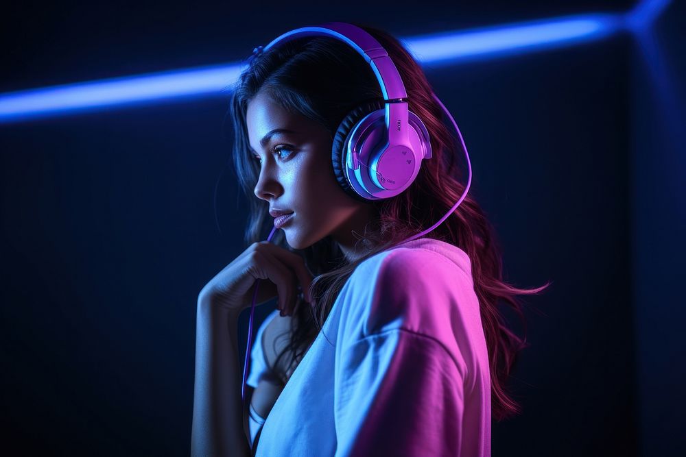 Girl wearing headphones headset looking purple. AI generated Image by rawpixel.