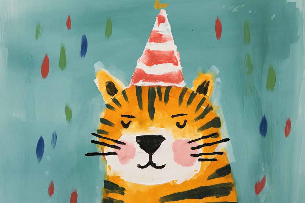 Minimal simple tiger wearing party hat painting animal representation. AI generated Image by rawpixel.