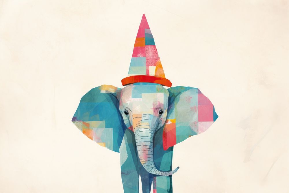 Minimal simple elephant wearing party hat mammal animal representation. 