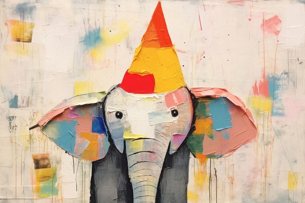 Minimal simple elephant wearing party hat painting representation creativity. 