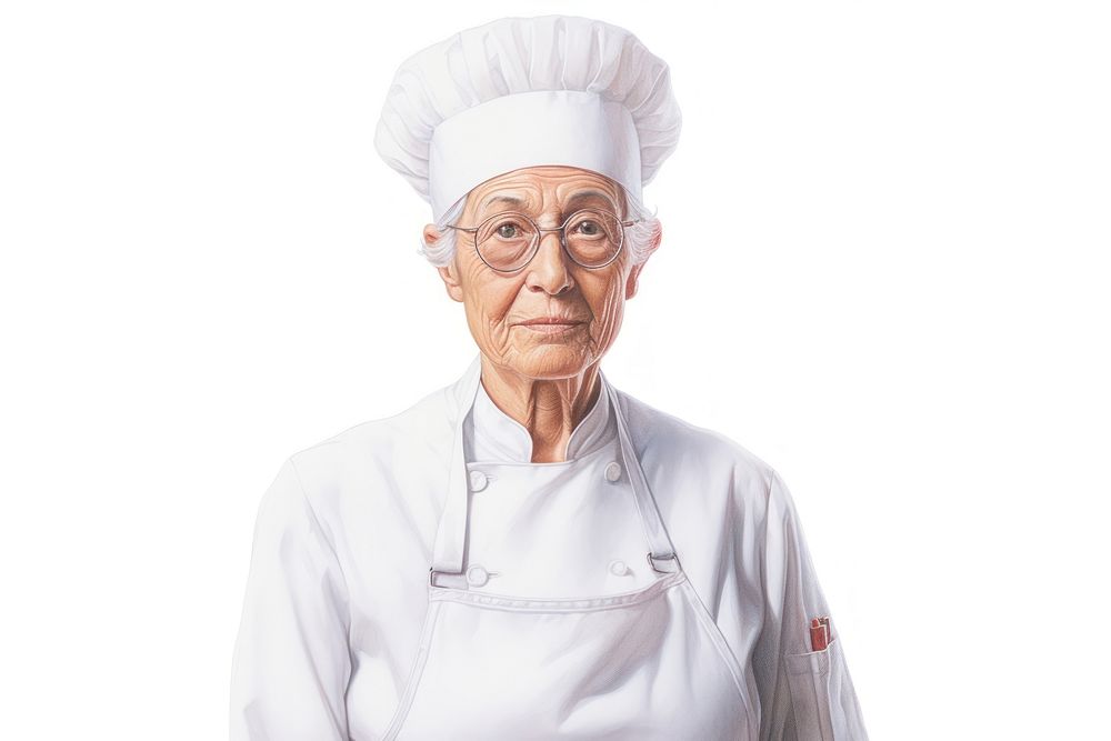 Mature female chef portrait adult white background. 