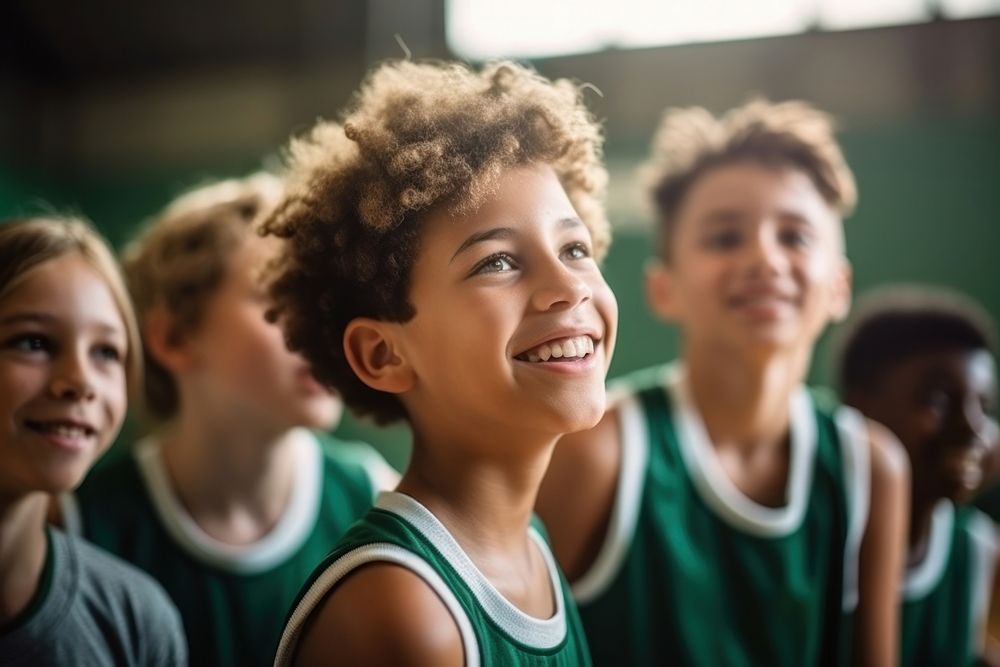 Young basketball players cheerful child togetherness. 