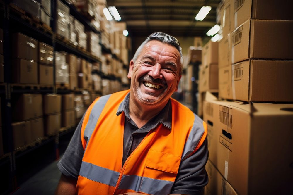 Older man warehouse smiling adult. 