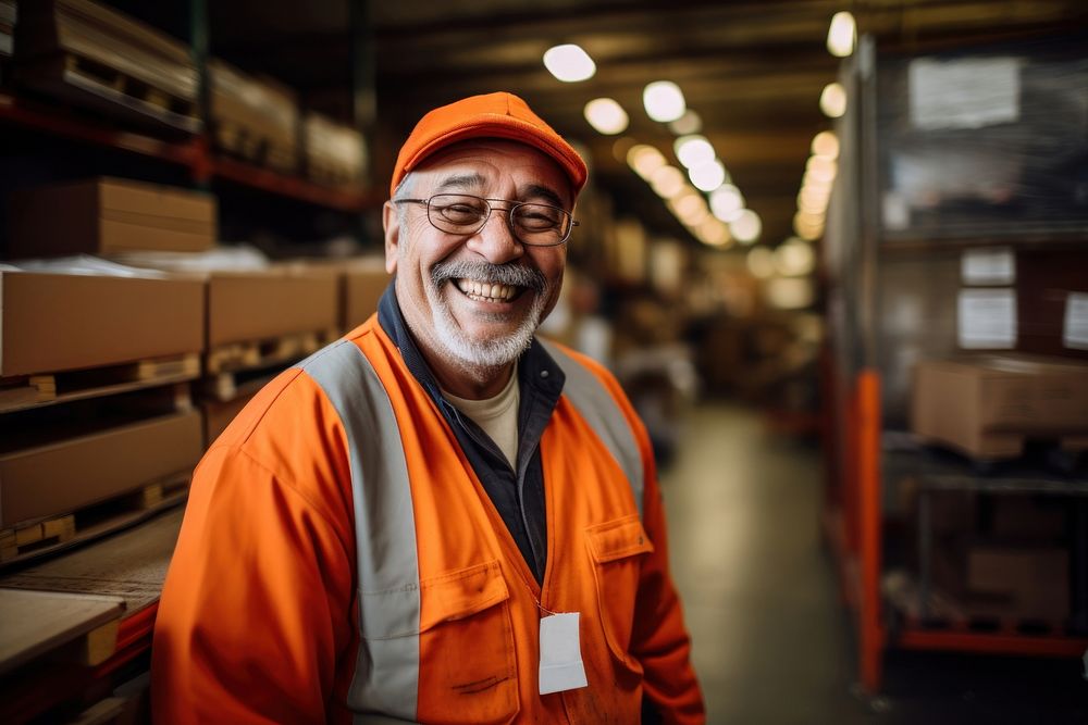 Older man warehouse smiling adult. 