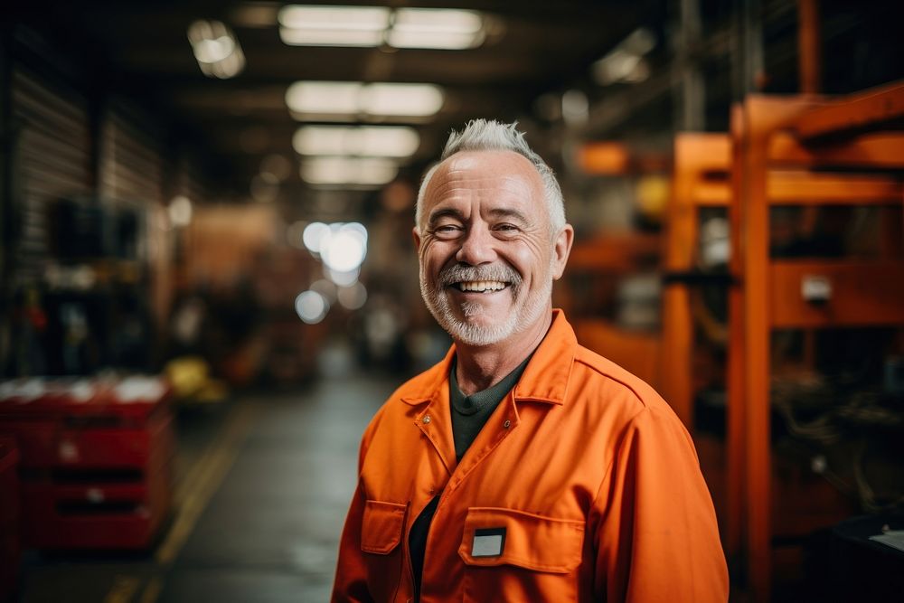 Older man warehouse smiling adult. 