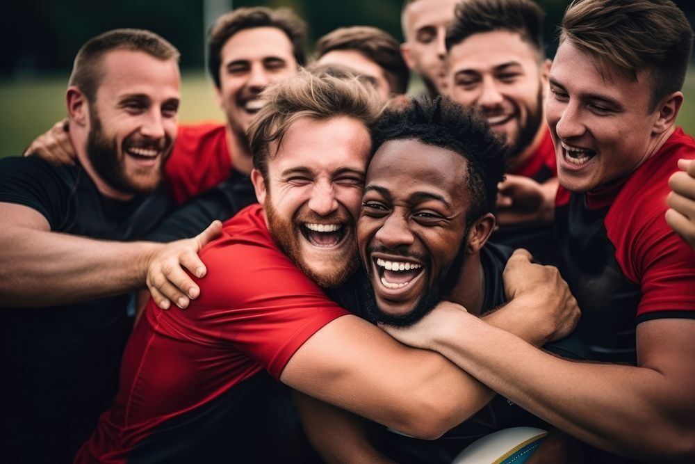 Rugby players cheerful laughing sports. 