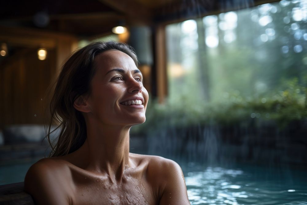 Onsen spa smile adult woman. AI generated Image by rawpixel.