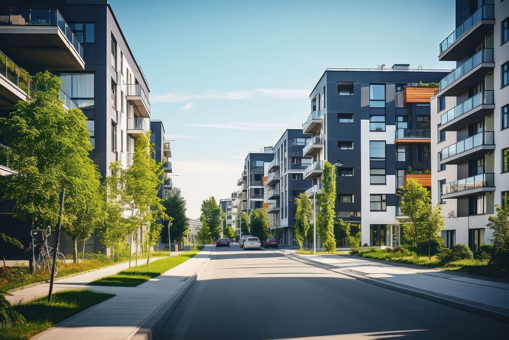 Modern apartment buildings city architecture residential area. 